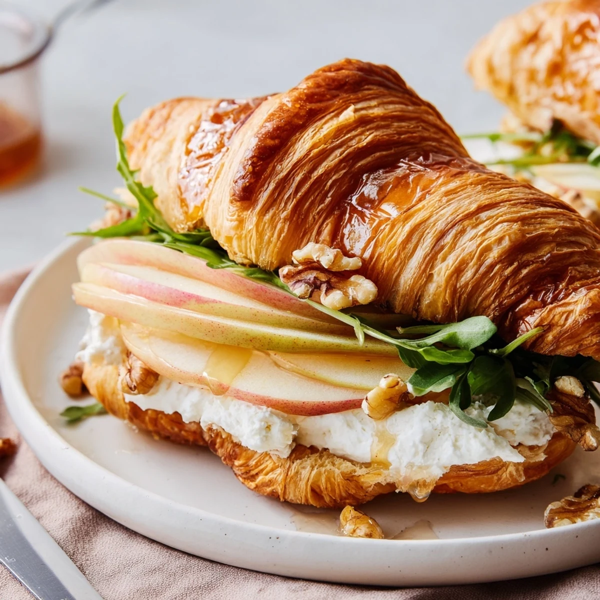 Buttery Apple Goat Cheese Croissant Sandwich layered with honey, peppery arugula.