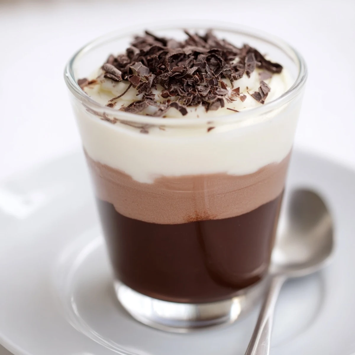 Chilled Triple Chocolate Mousse Cups topped with shaved chocolate and cocoa dust