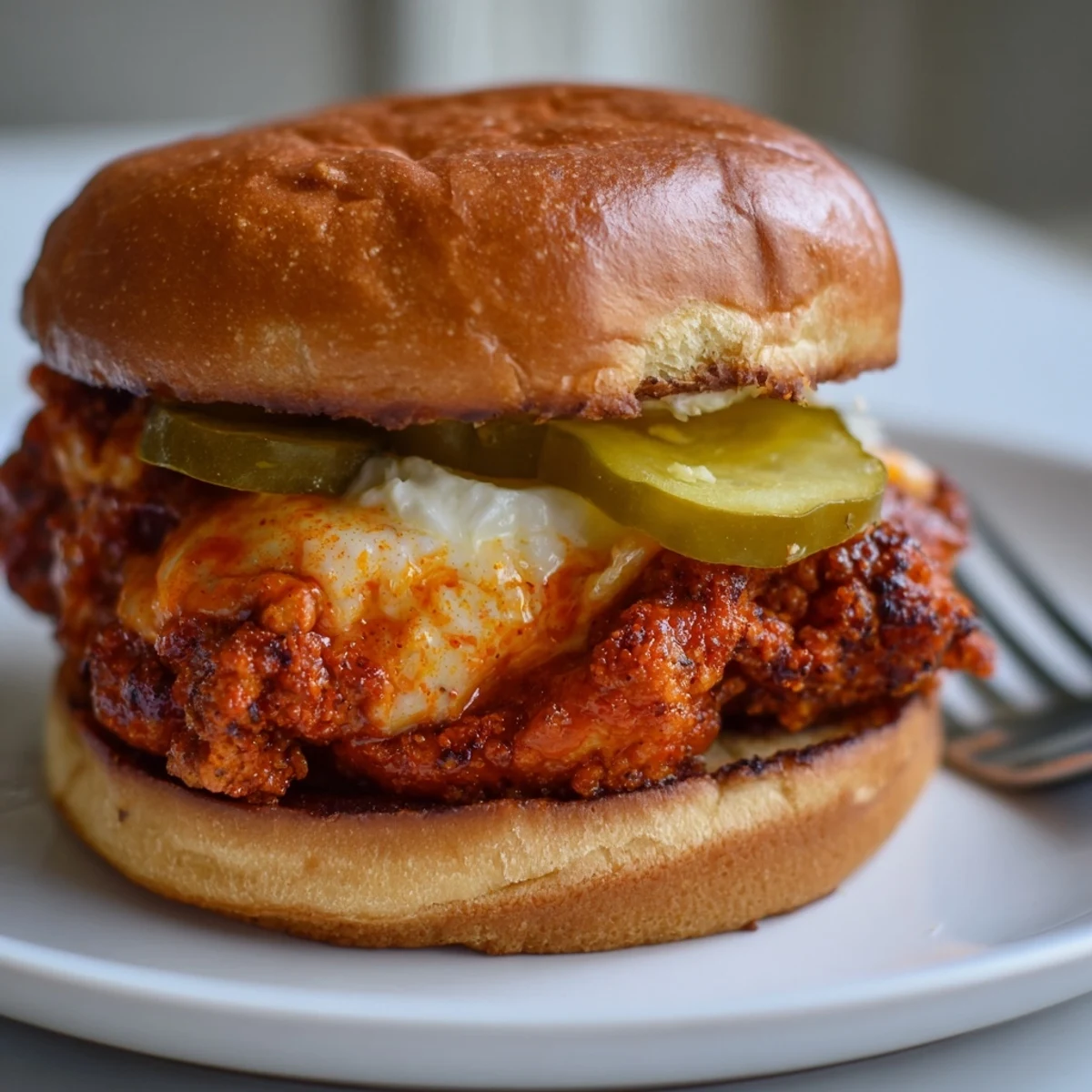 Spicy Nashville Hot Chicken Sandwiches on toasted brioche with crisp pickles, slaw