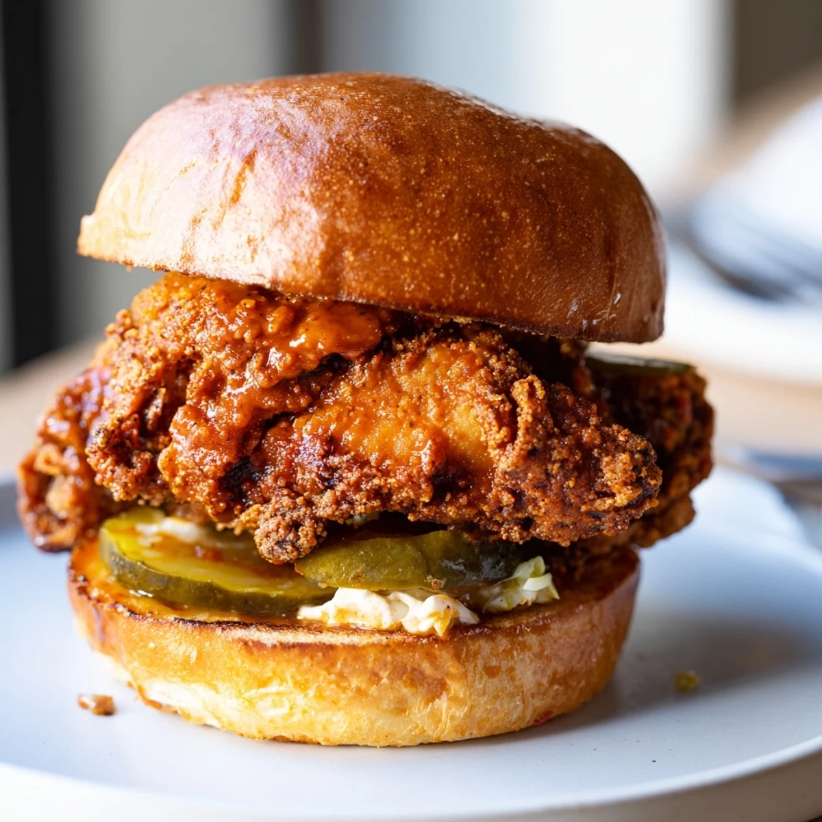 Crispy Spicy Nashville Hot Chicken Sandwiches glazed with fiery oil, served with iced tea