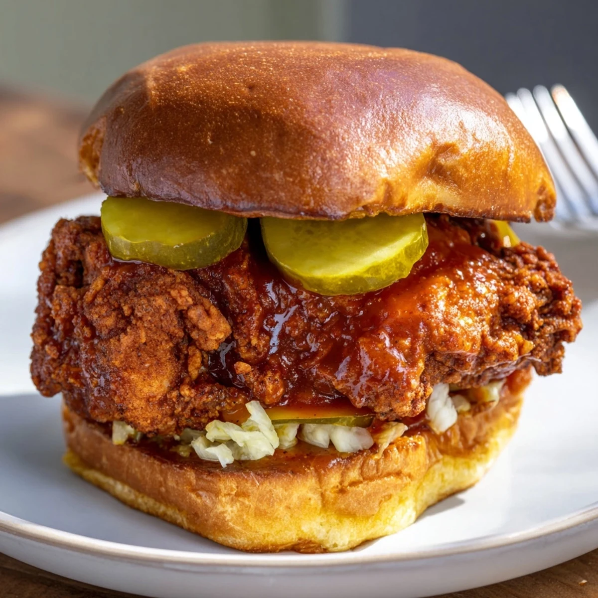 Buttery toasted bun holding Spicy Nashville Hot Chicken Sandwiches topped with creamy coleslaw