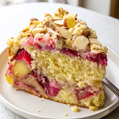 Slice of Ultimate Spring Baking Treat showing tender lemon cake layered with juicy berries and crumbly almond streusel on a rustic plate