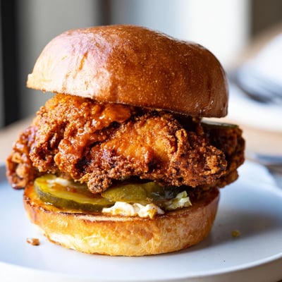 Crispy Spicy Nashville Hot Chicken Sandwiches glazed with fiery oil, served with iced tea